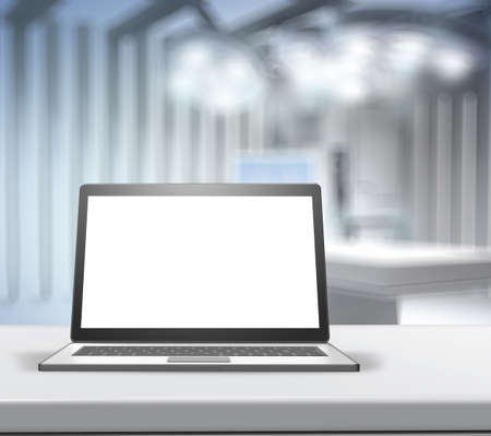 3d Laptop computer with blank screen on blurred background for medical product presentationの写真素材