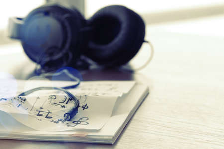 composing music concept with shallow DOF evenly matched jack of headphone and copy spaceの写真素材