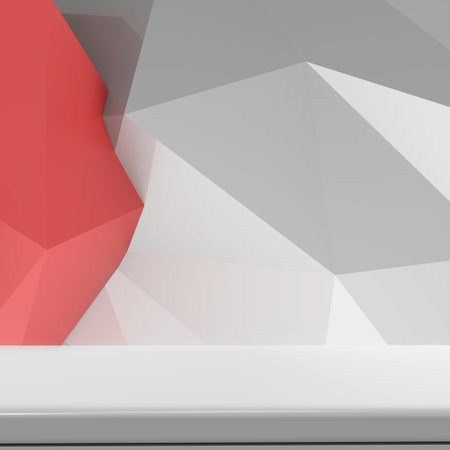 Empty laminate shelf on laminate table and low poly geometric backgroundの写真素材