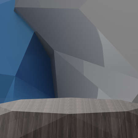 Empty low poly wooden shelf on laminate table and low poly geometric backgroundの写真素材