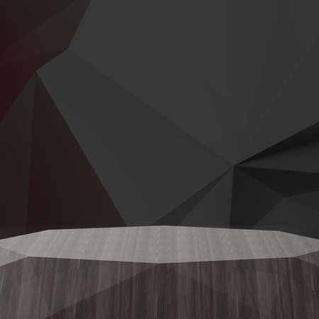 Empty low poly wooden shelf on laminate table and low poly geometric backgroundの写真素材