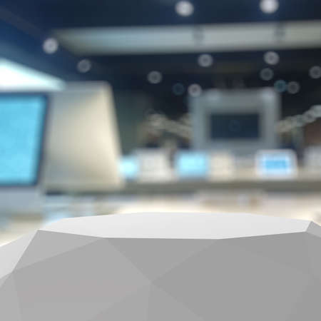 Empty low poly laminate shelf and blurred background for business product presentationの写真素材
