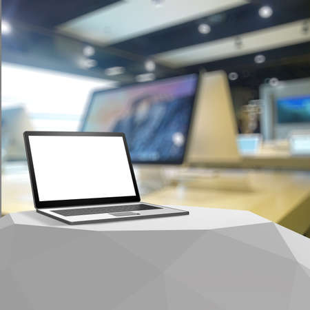3d Laptop with blank screen on laminate table and blurred backgroundの写真素材