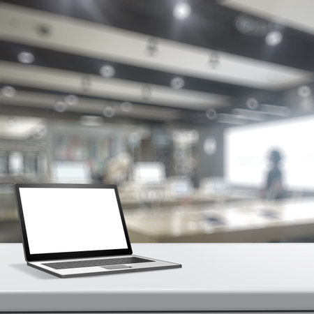 3d Laptop computer with blank screen on laminate table and blurred background