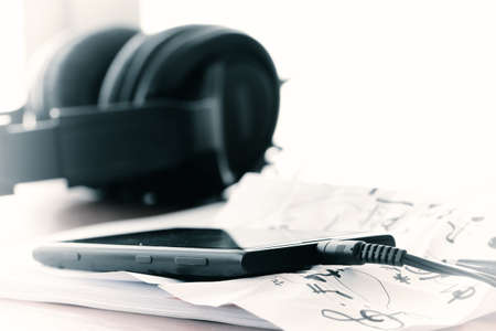composing music concept with shallow DOF evenly matched jack of headphone and copy spaceの写真素材