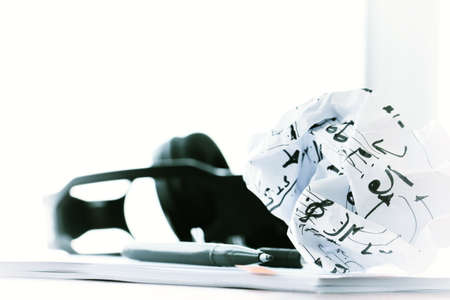 composing music concept with shallow DOF evenly matched crumpled musical notes paperの写真素材