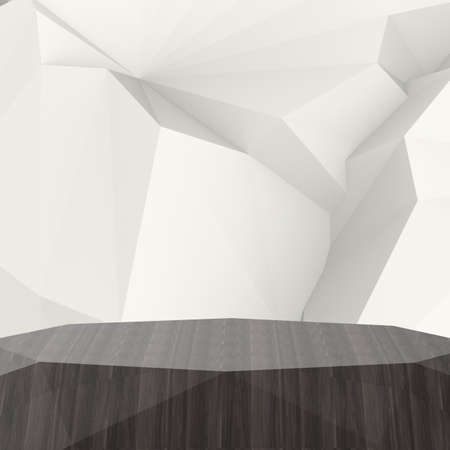 Empty low poly wooden shelf on laminate table and low poly geometric backgroundの写真素材