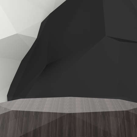 Empty low poly wooden shelf on laminate table and low poly geometric backgroundの写真素材