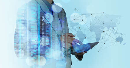 Double exposure of businessman working with new modern computer show social network structure and bokeh exposure Double exposure of businessman working with new modern computer show social network structure and bokeh exposure