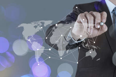 Double exposure of businessman working with new modern computer show social network structure as conceptの写真素材