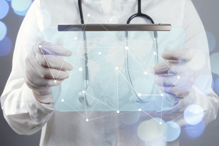 smart medical doctor hand showing network with bokeh exposure as medical network and media conceptの写真素材