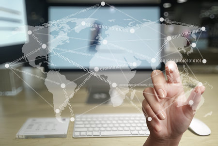 businessman hand working with new modern computer show social network structure as concept