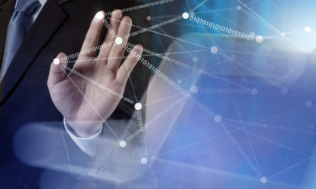 Double exposure of businessman working with new modern computer show social network structure as...