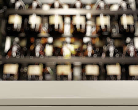 Empty table and blurred vintage bottle with bokeh background, product display showcaseの写真素材