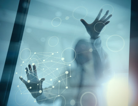 Double exposure of businessman working with new modern computer show social network structure and...