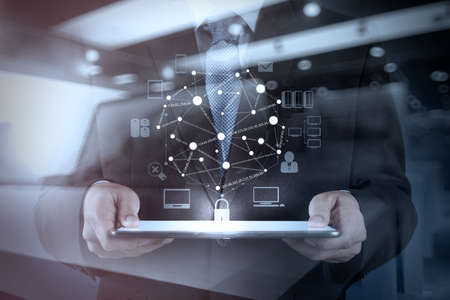 Double exposure of businessman working with digital tablet computer show social network structure and bokeh exposure Double exposure of businessman working with digital tablet computer show social network structure and bokeh exposure
