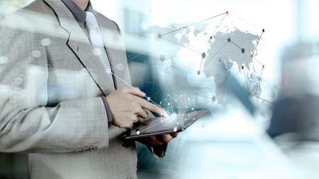 Double exposure of businessman working with new modern computer show social network structure and bokeh exposureの写真素材