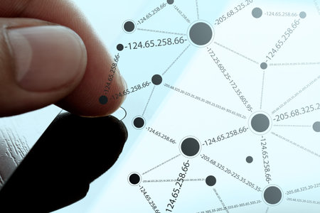 Close up of business man working on tablet computer with social media diagram as concept
