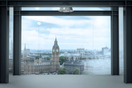 interior space of modern empty office interior with london city backgroundの写真素材