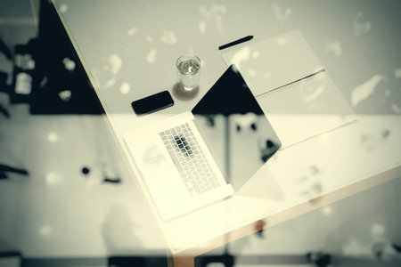 top view of  business documents on office table with digital tablet and man working with smart...