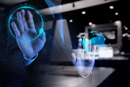 double exposure of businessman working with new modern computer show social network structure as...
