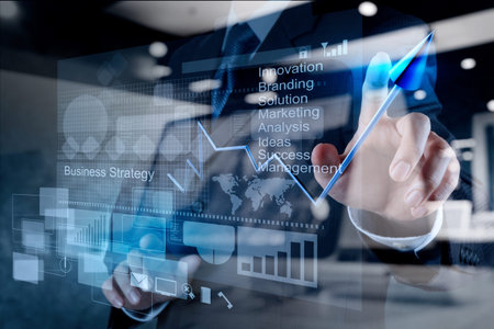 double exposure of businessman hand touch 3d virtual chart business strategy concept