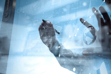businessman hand working with modern technology and digital layer effect as business strategy...