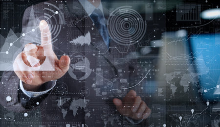 businessman hand working with modern technology and digital layer effect as business strategy...