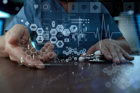 Medicine doctor hand working with modern computer interface as medical network concept