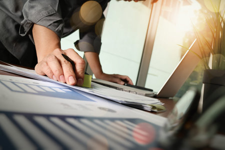 businessman hand working with new modern computer and business strategy documents with green plant...