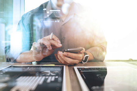 businessman working with digital tablet computer and smart phone with digital business strategy...
