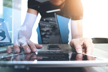 businessman working with digital tablet computer and smart phone with digital business strategy...