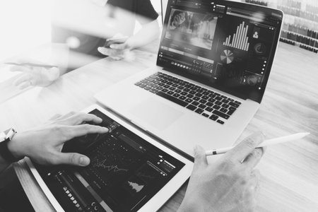 Business team meeting present. Photo professional investor working with new startup project. Finance...