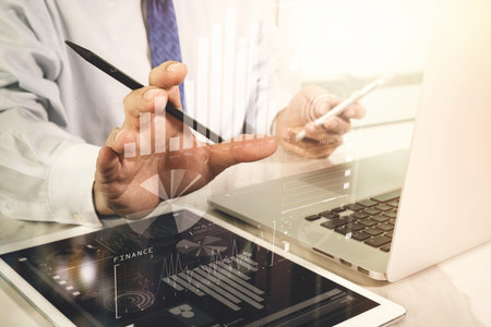 business concept.Businessman working stock exchange project modern office.Laptop computer digital...