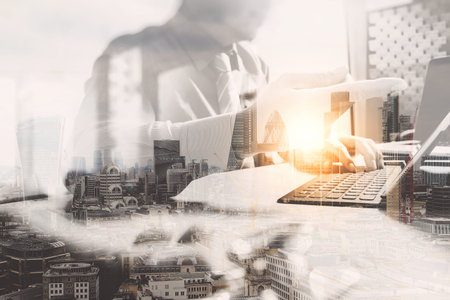 Double exposure,Medicine doctor meeting with teamand working with modern digital tablet dock smart keyboard,computer interface,filterの写真素材