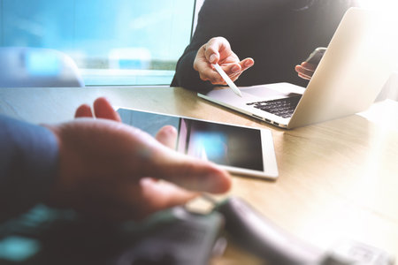 Business team meeting present. Photo professional investor working with new startup project. Finance...