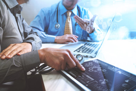 Medical technology network team meeting concept. Doctor hand working smart phone modern digital...