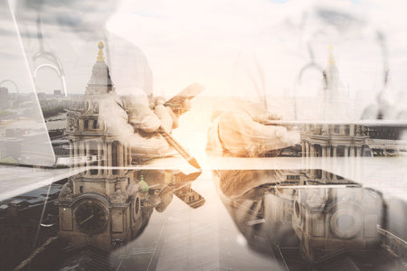 Double Exposure,Medical technology network team concept. Doctor hand working with smart phone modern digital tablet and laptop computer with graphics  chart interface, の写真素材