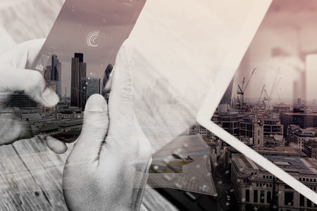 Double exposure of Hand using smart phone payments online shopping,omni channel,icon customer...
