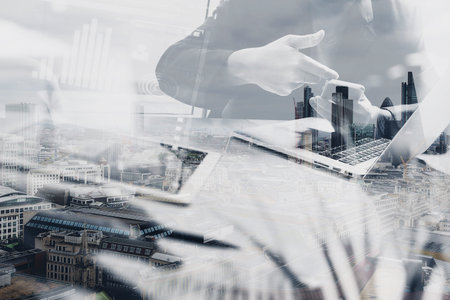 Double exposure of Photo website graphic designer hand meeting team with new project modern...