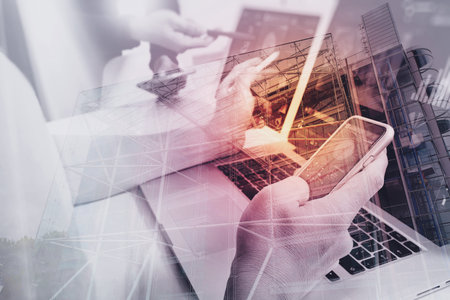 Double exposure of Photo website graphic designer hand working with his team make new project in...