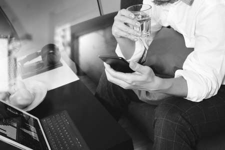 Business team meeting present. professional investor working new startup project. Finance managers meeting.Digital tablet keyboard docking screen computer design smart phone using,の写真素材