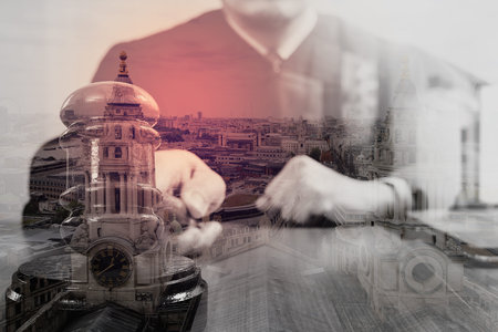 double exposure of justice and law concept.Male judge in a courtroom with the gavel,working with...