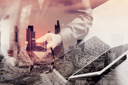 double exposure of businessman hand using smart phone,mobile payments online shopping,omni...