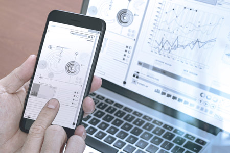 close up of hand using smart phone,laptop, online banking payment communication network technology...