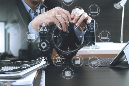 Man using VOIP headset with digital tablet computer as concept communication or it support or call...