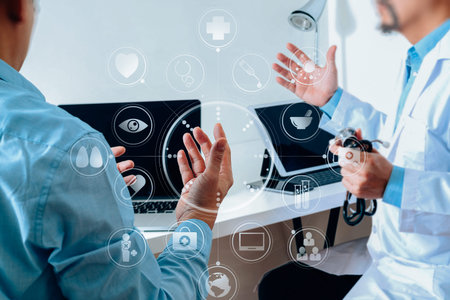 Medical doctor in white uniform gown coat consulting businessman patient having exam as Hospital...