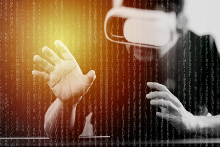 businessman wearing virtual reality goggles in modern office with Smartphone using with VR headset...