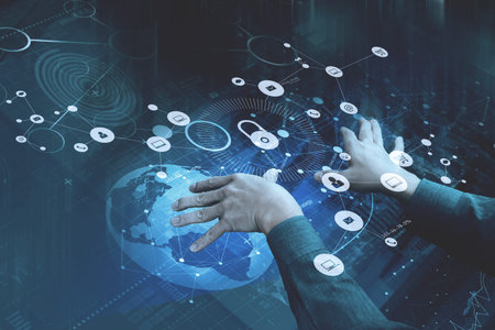 cyber security internet and networking concept.Businessman hand working with VR screen padlock icon...