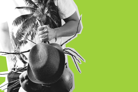 Summer and holiday fashion collage magazine concept.Man Wearing palm trees graphics on T-shirt and...